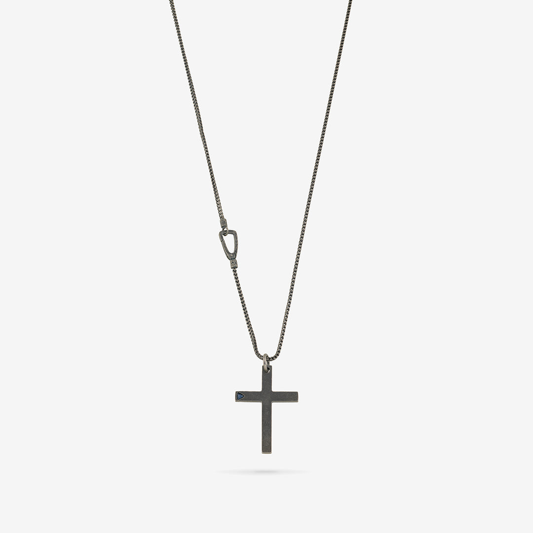 THE CROSS Latin Pendant with Stone, Oxidized Silver, Blue Sapphire-Straight View 3