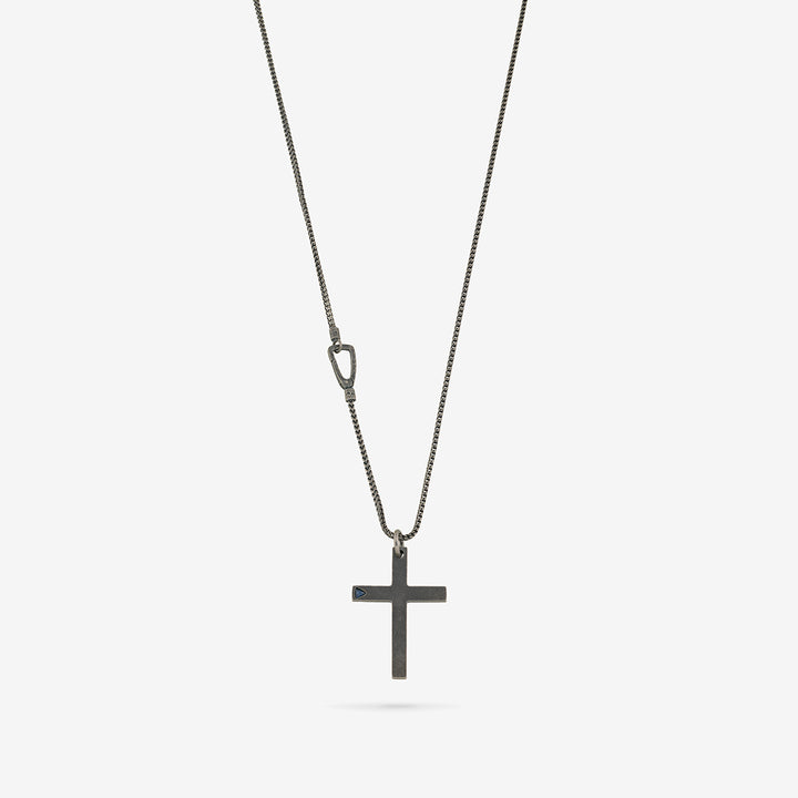 THE CROSS Latin Pendant with Stone, Oxidized Silver, Blue Sapphire-Straight View 3