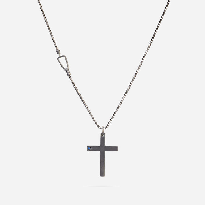 THE CROSS Latin Pendant with Stone, Oxidized Silver, Blue Sapphire-Straight View 1
