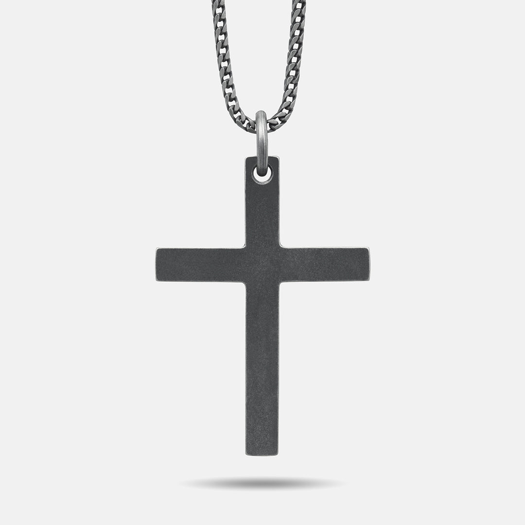 THE CROSS Latin Pendant with Stone, Oxidized Silver, Blue Sapphire-Standard View 1