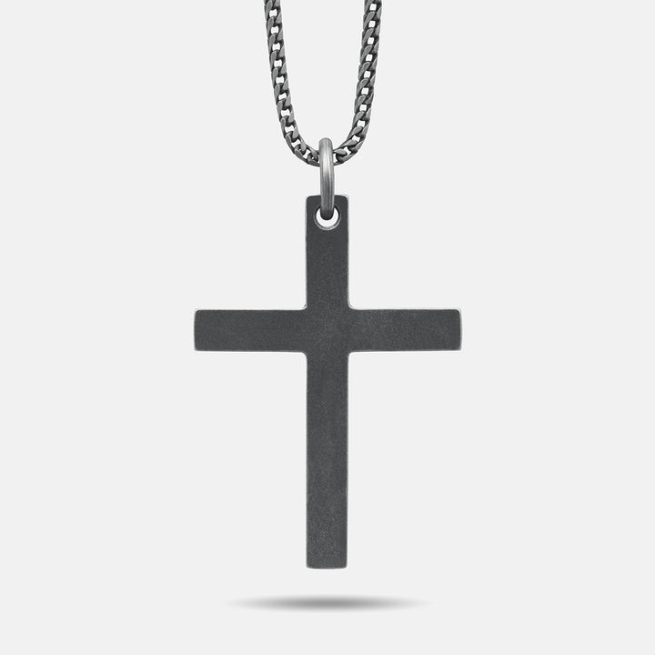 THE CROSS Latin Pendant with Stone, Oxidized Silver, Blue Sapphire-Standard View 1