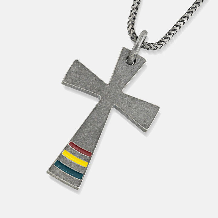 THE CROSS Byzantine Rainbow Pendant, Silver, Red, Yellow, Green Enamel-Close View
