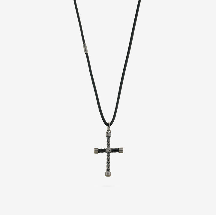 Necklace with a cross pendant on a white background. THE CROSS Enamel Chain Pendant, Oxidized Silver, Black Enamel-Standard View