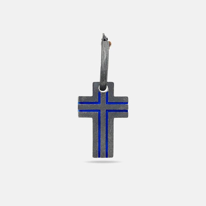 THE CROSS Oxidized Enamel Earring, Oxidized Silver, Blue Enamel-Standard View 1