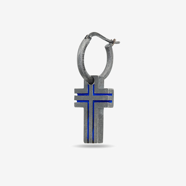 THE CROSS Oxidized Enamel Earring, Oxidized Silver, Blue Enamel-Standard View