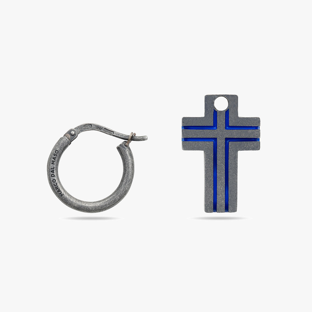 THE CROSS Oxidized Enamel Earring, Oxidized Silver, Blue Enamel-Close View
