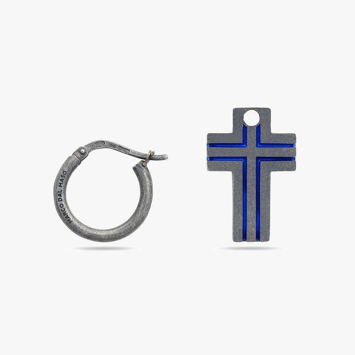 THE CROSS Oxidized Enamel Earring, Oxidized Silver, Blue Enamel-Close View