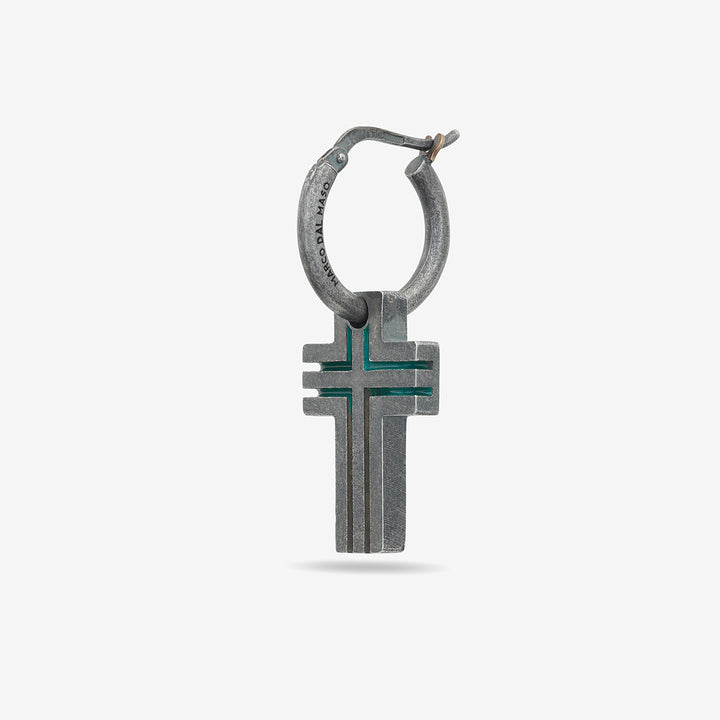The Cross Double Enamel Earring, Oxidized Silver, Green Enamel-Standard View