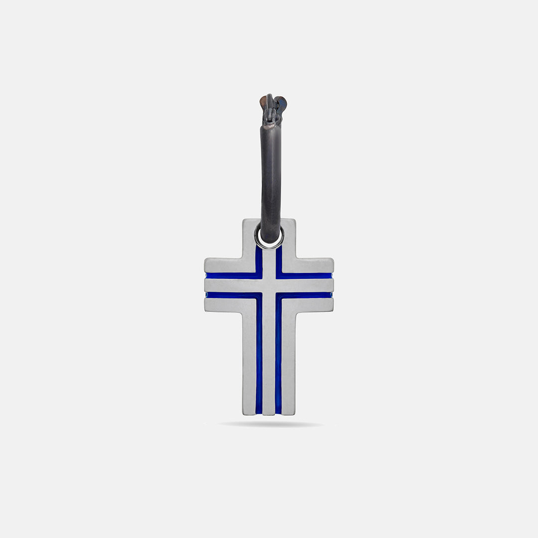 The Cross Double Enamel Earring, Polished Silver, Oxidized Silver, Blue Enamel-Standard View 1