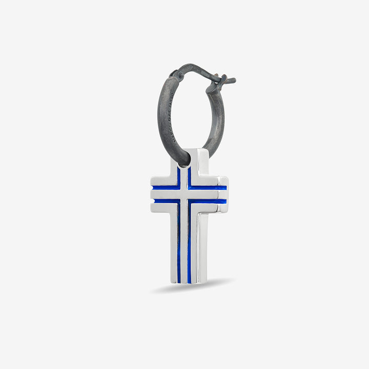 The Cross Double Enamel Earring, Polished Silver, Oxidized Silver, Blue Enamel-Standard View