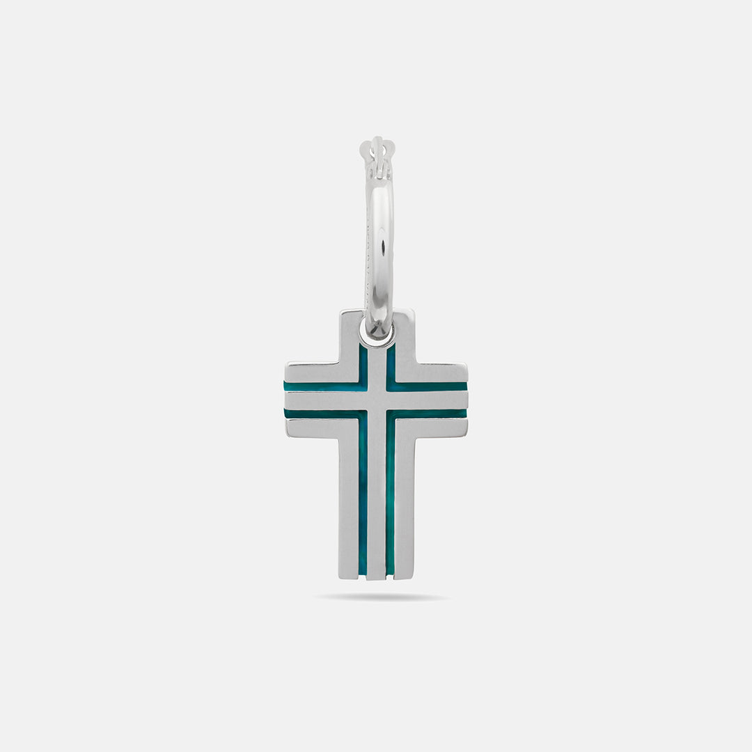 The Cross Double Enamel Earring, Polished Silver, Green Enamel-Standard View 1