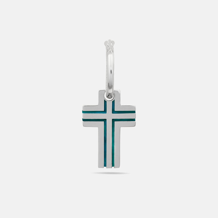The Cross Double Enamel Earring, Polished Silver, Green Enamel-Standard View 1