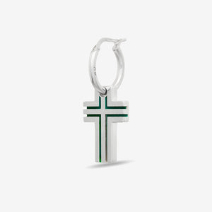 The Cross Double Enamel Earring, Polished Silver, Green Enamel-Standard View