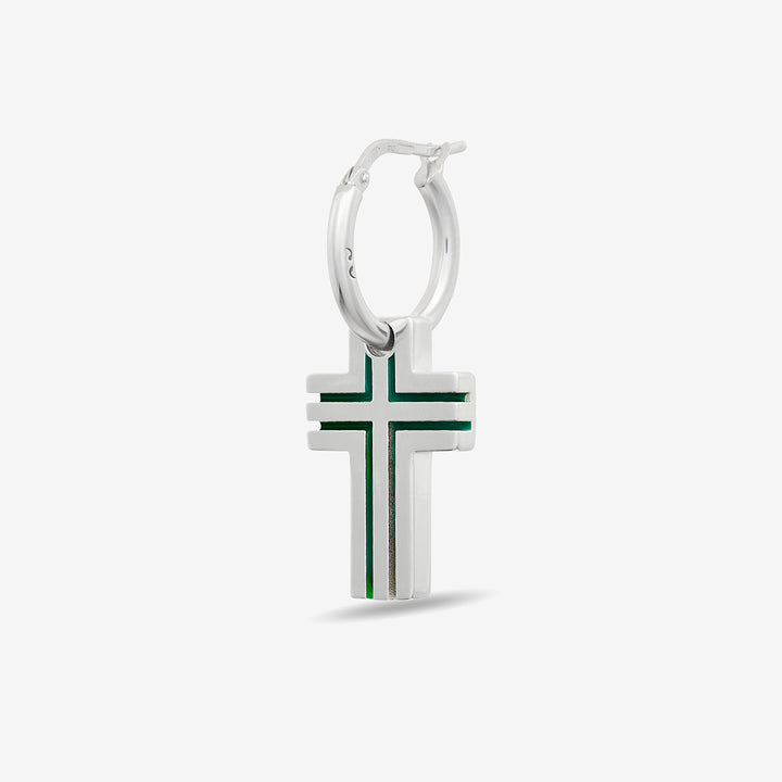 The Cross Double Enamel Earring, Polished Silver, Green Enamel-Standard View