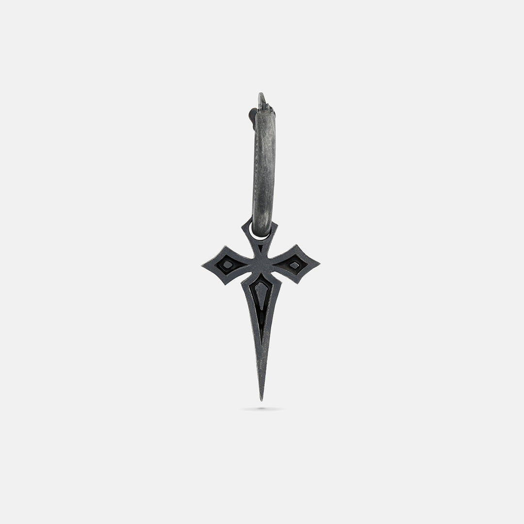 The Cross Gothic Earring, Oxidized Silver, Black Enamel-Standard View 1