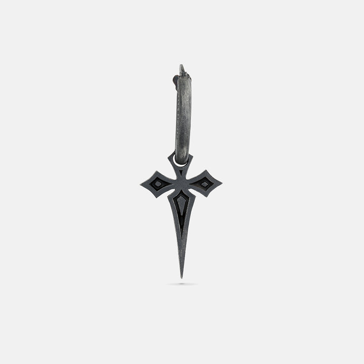 The Cross Gothic Earring, Oxidized Silver, Black Enamel-Standard View 1