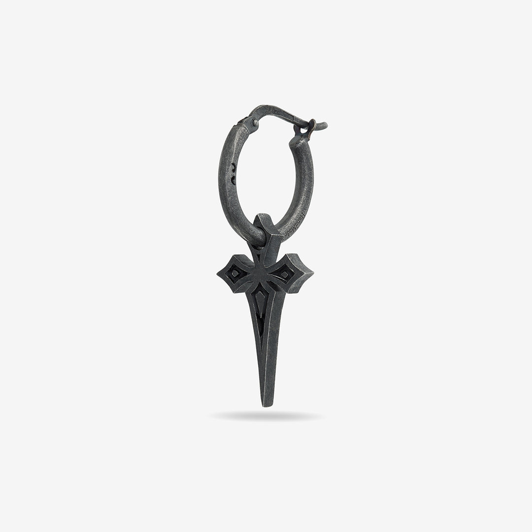 The Cross Gothic Earring, Oxidized Silver, Black Enamel-Standard View