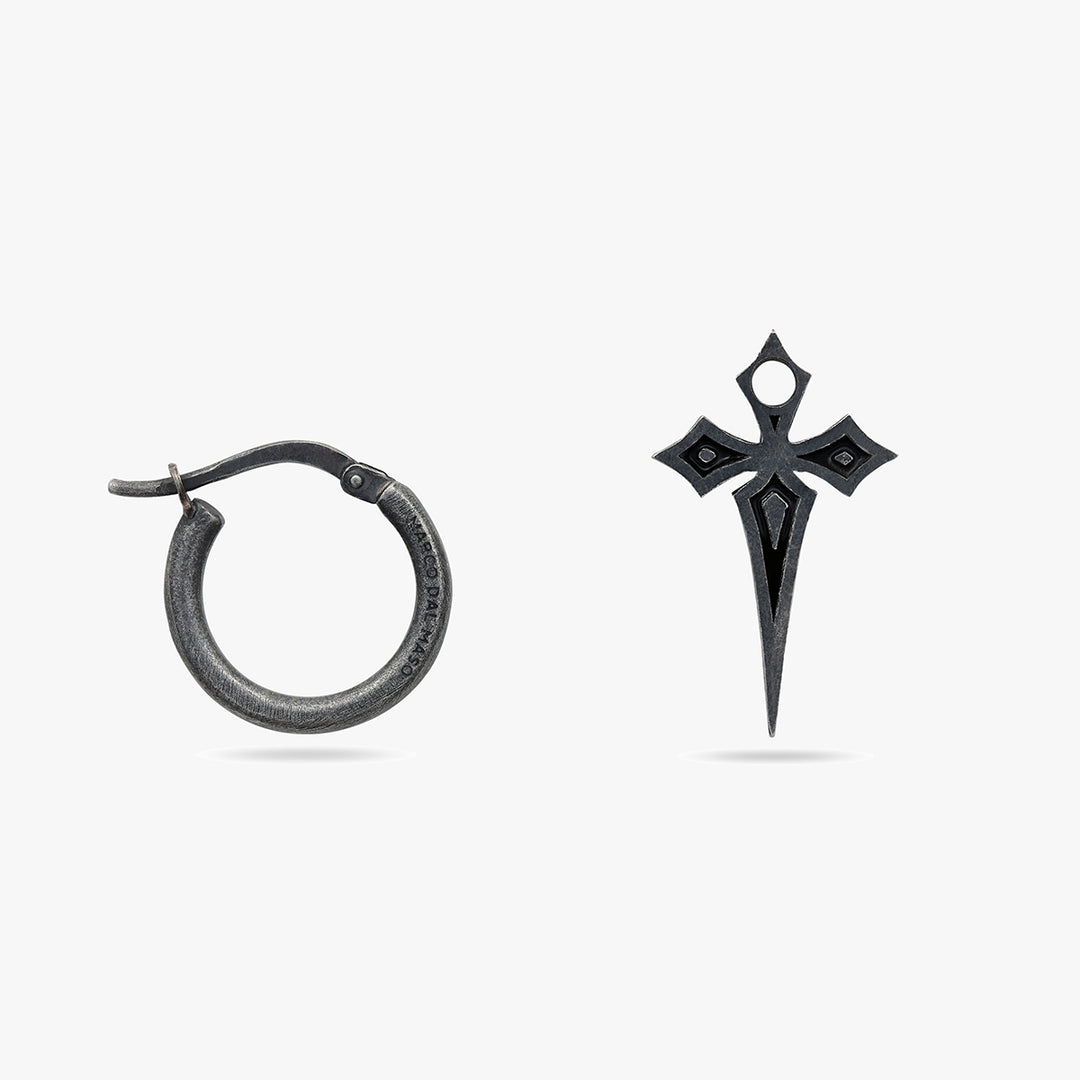 The Cross Gothic Earring, Oxidized Silver, Black Enamel-Close View