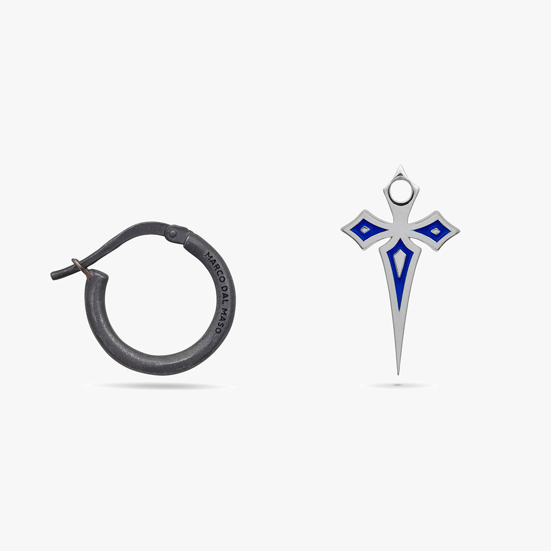 The Cross Gothic Earring, Polished, Oxidized Silver, Blue Enamel-Close View