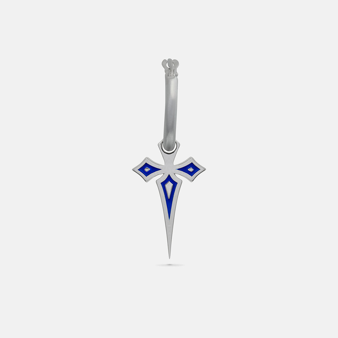 The Cross Gothic Earring, Polished Silver, Blue Enamel-Standard View 1