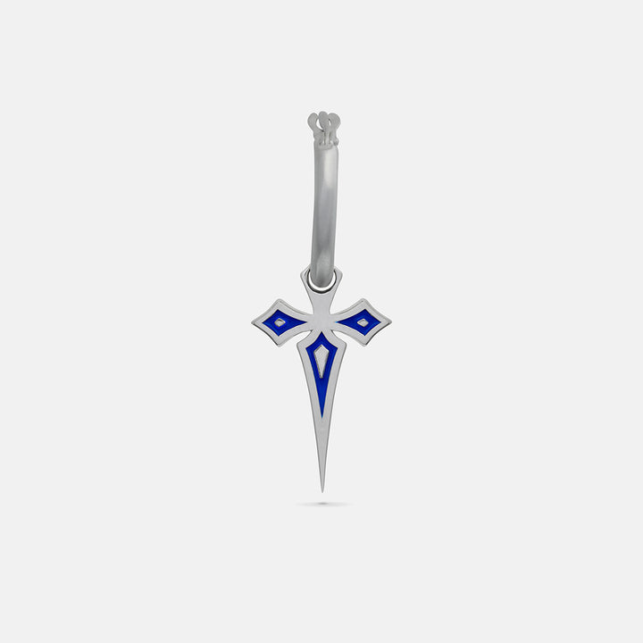 The Cross Gothic Earring, Polished Silver, Blue Enamel-Standard View 1