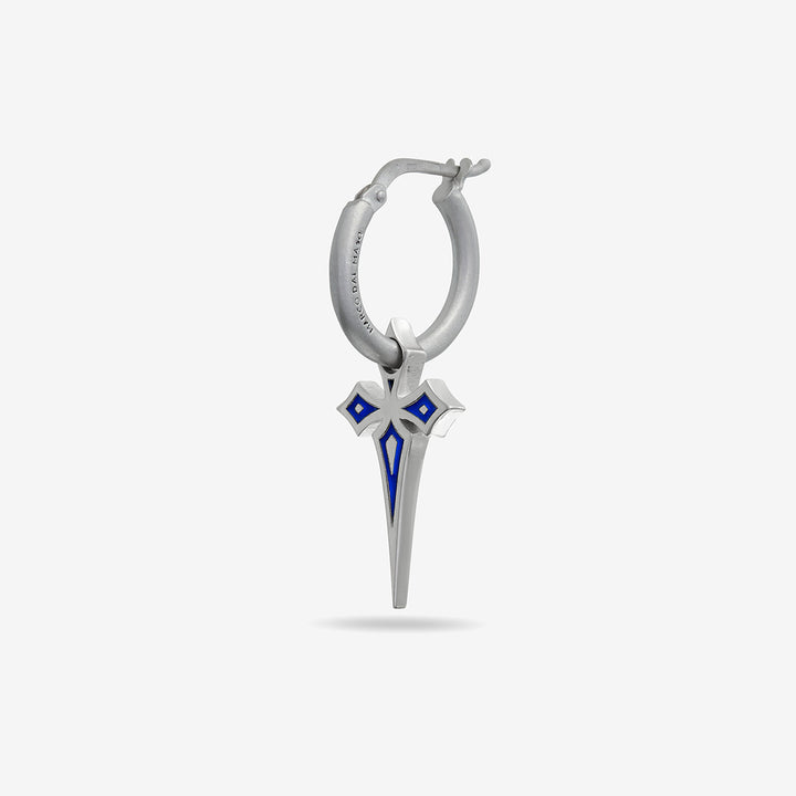 The Cross Gothic Earring, Polished Silver, Blue Enamel-Standard View