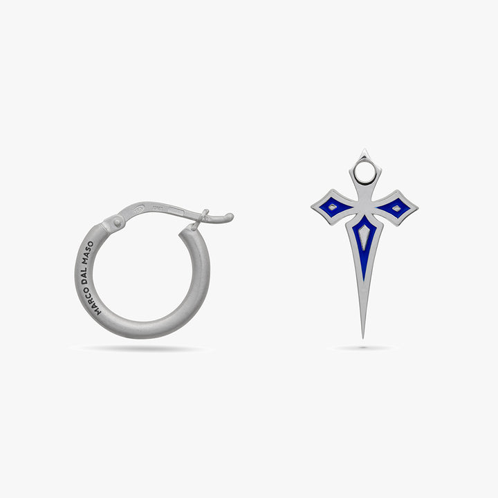 The Cross Gothic Earring, Polished Silver, Blue Enamel-Close View