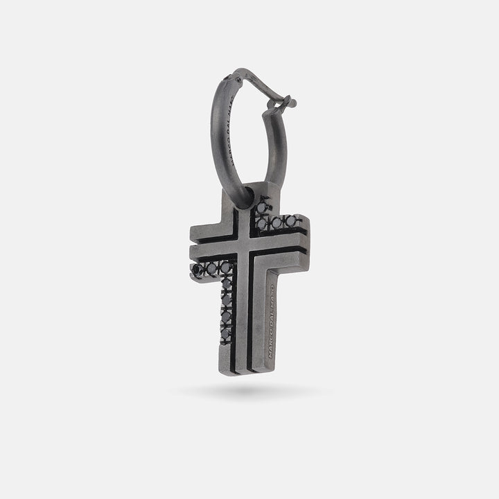 THE CROSS Enamel and Diamonds Earring, Oxidized Silver, Black Diamond, Black Enamel-Standard View