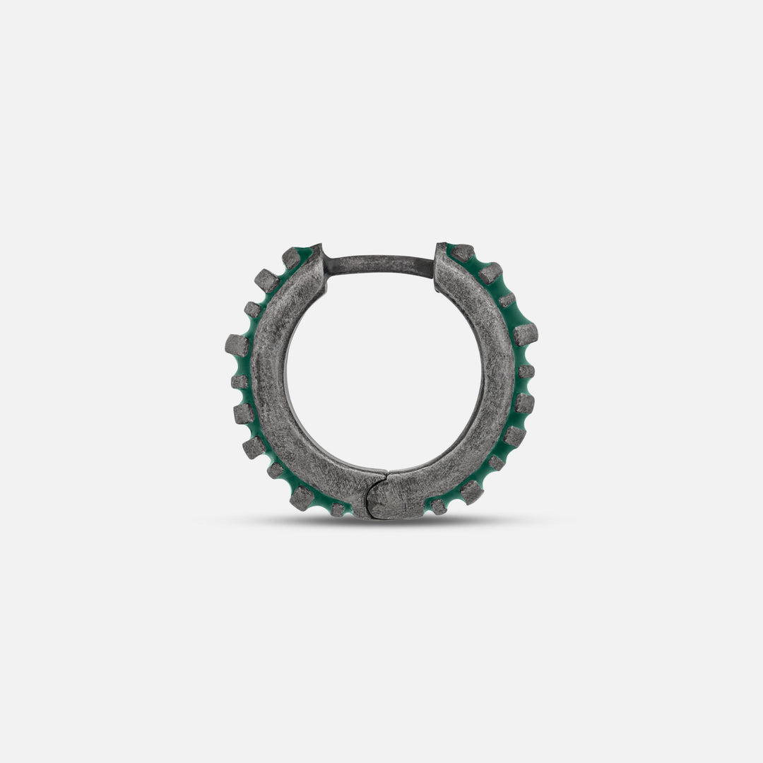 MARCO DAL MASO Acies Mini Hoop Earring in oxidized silver with green enamel, shown in a side-profile product view highlighting the ribbed hoop structure.