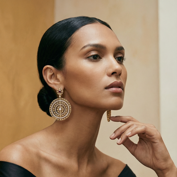 Woman wearing gold earrings with a neutral background