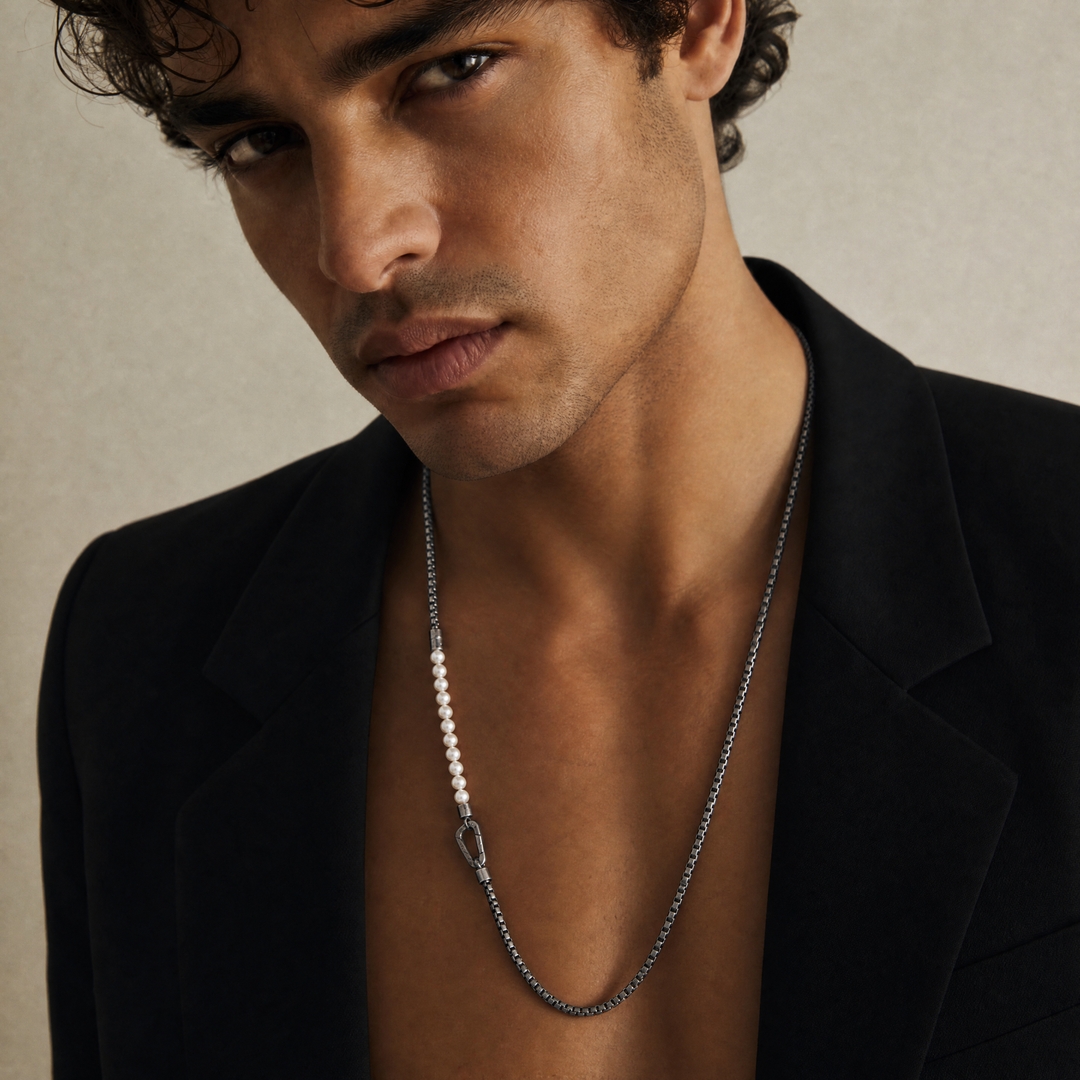 Model wearing the Ulysses Chain Mini Bead Necklace in oxidized silver with freshwater pearls.