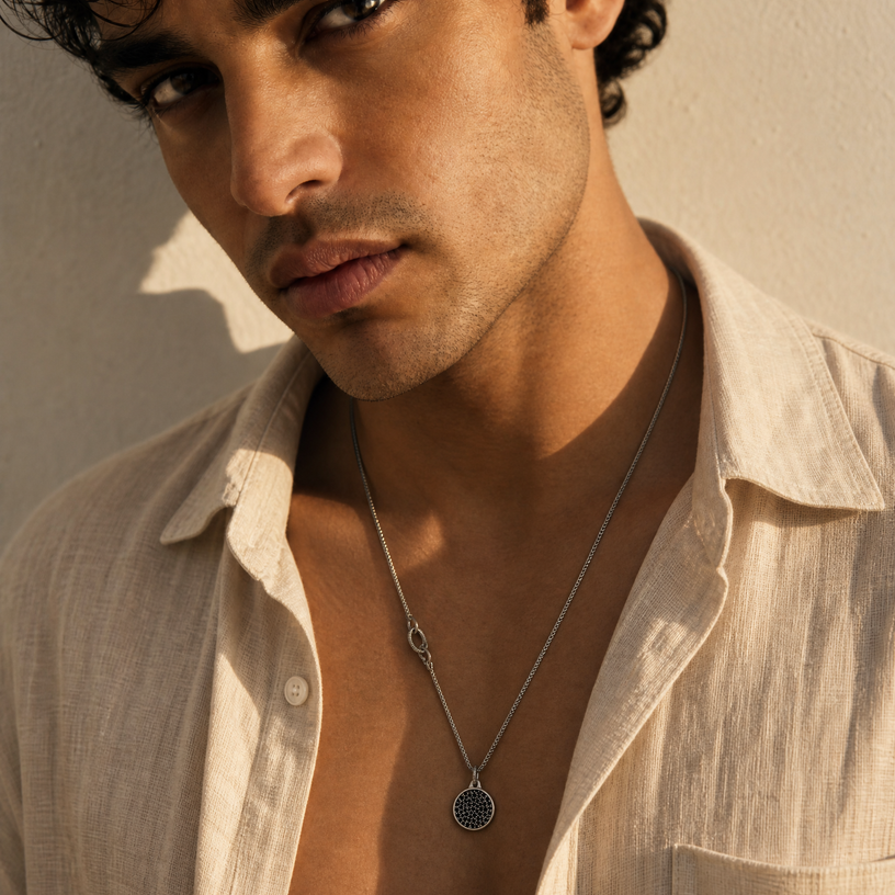 Moneta Gemstone Pendant in oxidized silver with black diamonds worn on a necklace by a model.