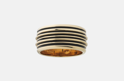 MARCO DAL MASO Acies Band in polished yellow gold vermeil with contrasting black enamel stripes, shown in a front product view against a light background.