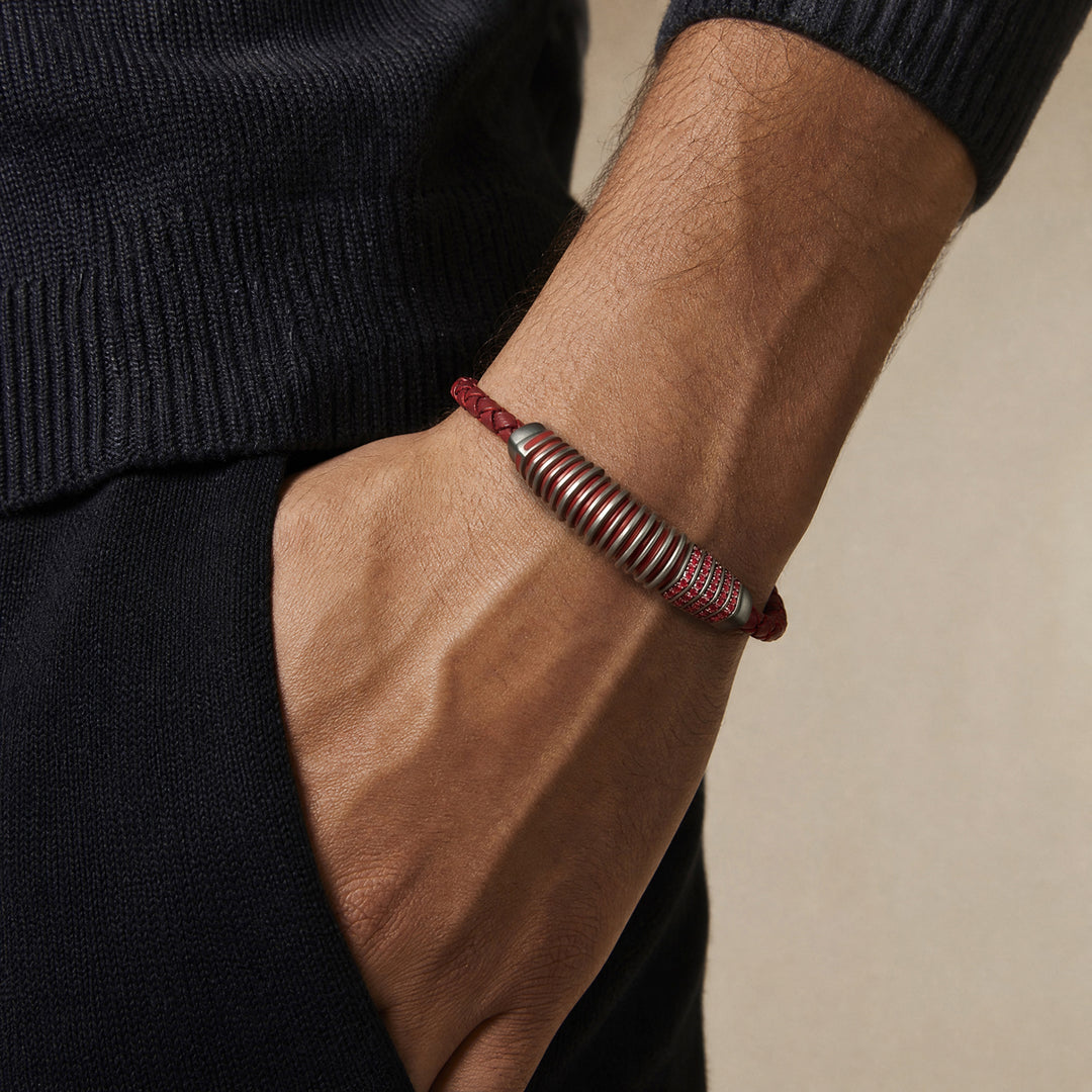 Acies Caged Gemstone bracelet in matte silver featuring red enamel accents and red sapphire detailing