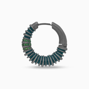 MARCO DAL MASO Acies Hoop Gemstone Earring in oxidized silver with green enamel and tsavorite gemstones, featuring a sculptural ribbed hoop design, shown in a side-profile product view against a light background.