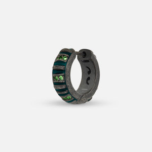 MARCO DAL MASO Acies Mini Pavé Hoop Earring in oxidized silver with green enamel and sparkling tsavorite gemstones, shown in an angled product view against a light background.