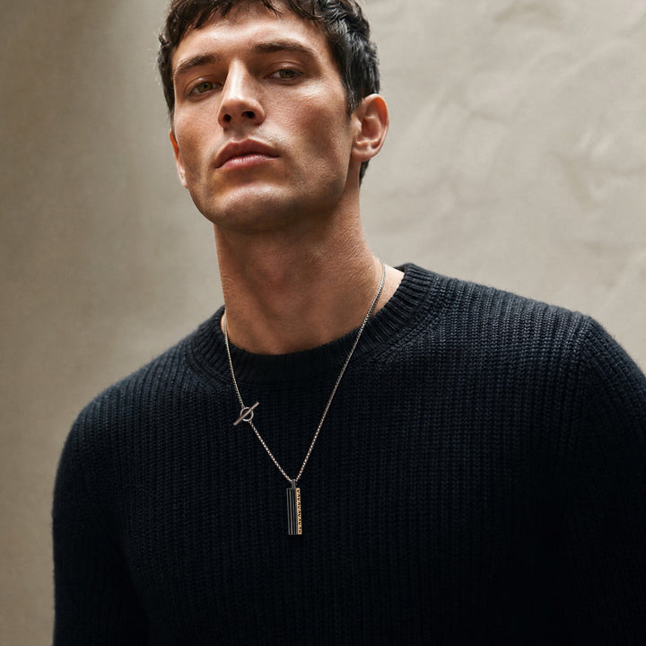 Acies Mixed Metal pendant in oxidised silver with brown enamel detailing and 18K yellow gold accents shown in a clean product view