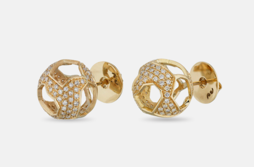 MARCO DAL MASO Explosion of Joy Grand Stud Earrings in yellow gold with white diamonds, featuring an openwork spherical design, shown as a pair against a light background.