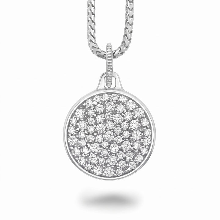 Close-up of the Moneta Gemstone Pendant in polished silver with white diamonds.