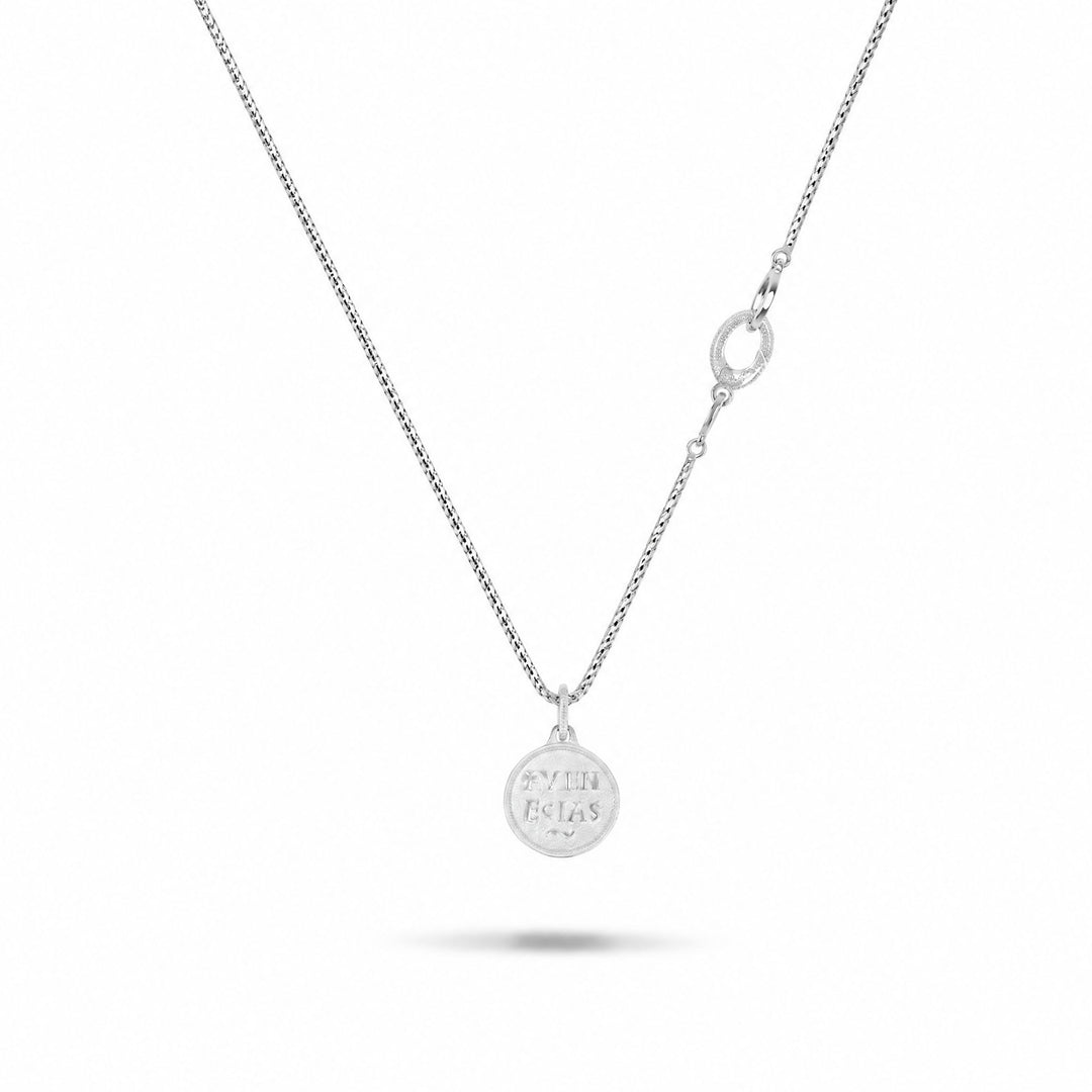Moneta Gemstone Pendant in polished silver with white diamonds shown with the full chain.