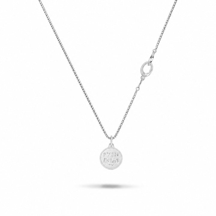 Moneta Gemstone Pendant in polished silver with white diamonds shown with the full chain.