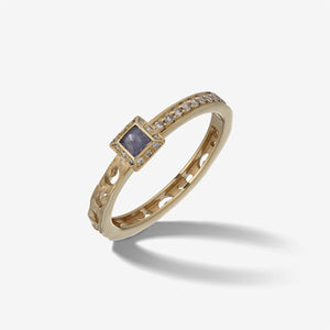 MARCO DAL MASO Orion Square Gemstone Ring in yellow gold, featuring a square blue sapphire surrounded by champagne diamonds and a textured gold band, shown in an angled product view.
