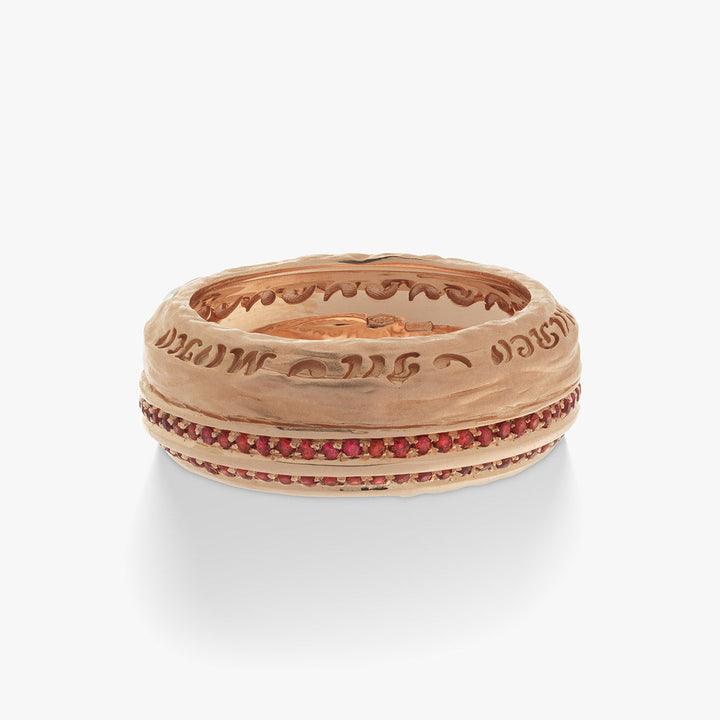 Angled view of a dark ring with rows of red stones.