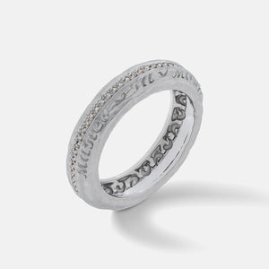 MARCO DAL MASO silver-tone ring with engraved lettering and a row of clear stones.