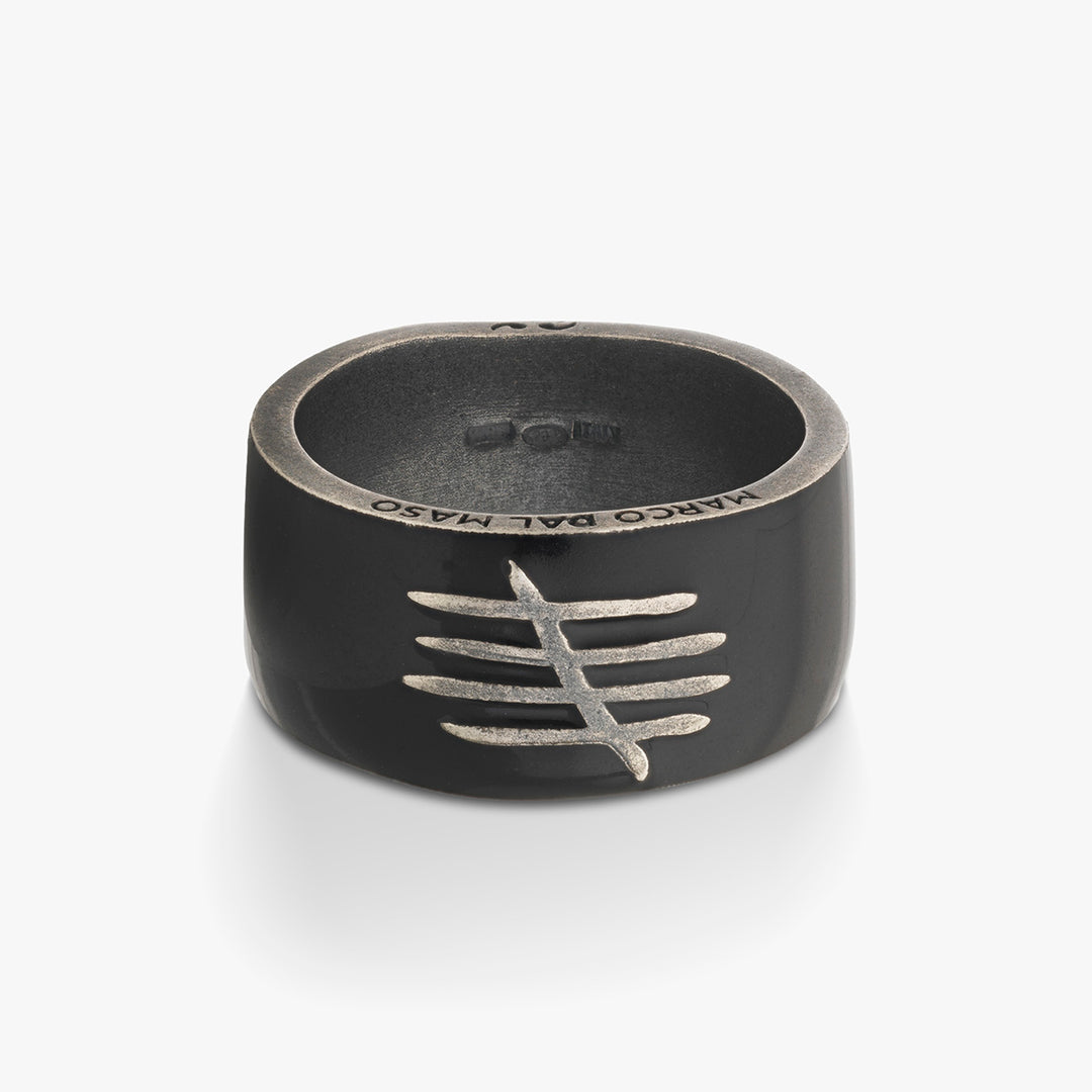 Square view of wide band revealing onyx lacquer on white floor.