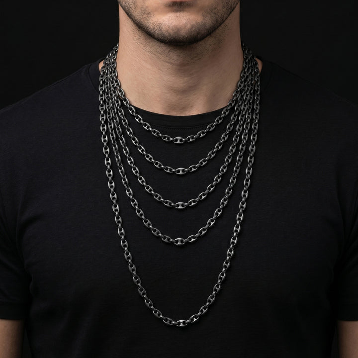 Ulysses Bold Marine necklace in oxidised silver featuring a bold marine chain design and refined contemporary styling