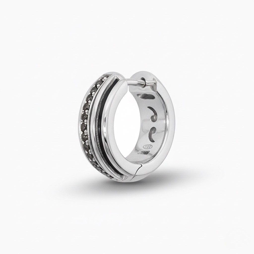 silver earring huggie with black diamonds