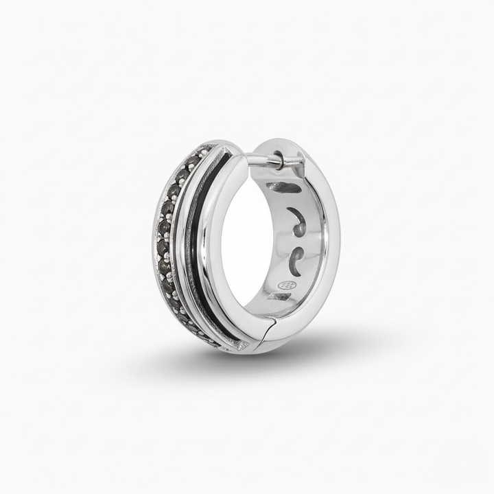 silver earring huggie with black diamonds