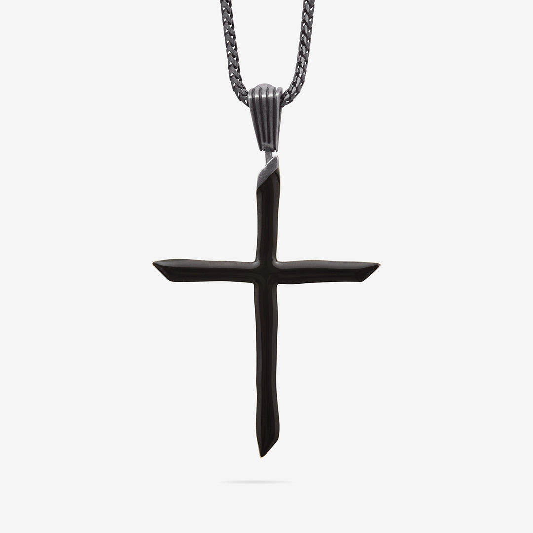 THE CROSS Chain Pendant, Oxidized Silver, Black Enamel-Standard View