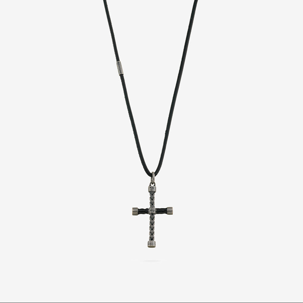 Necklace with a cross pendant on a white background. THE CROSS Enamel Chain Pendant, Oxidized Silver, Black Enamel-Standard View